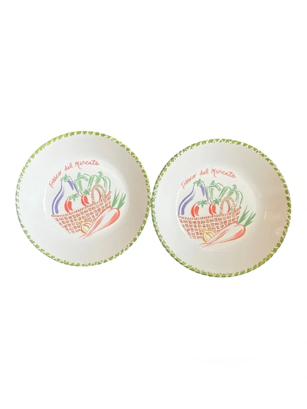La Primula Italian Set of 2 Ceramic Vegetable Basket Serving Bowls in Green Trim